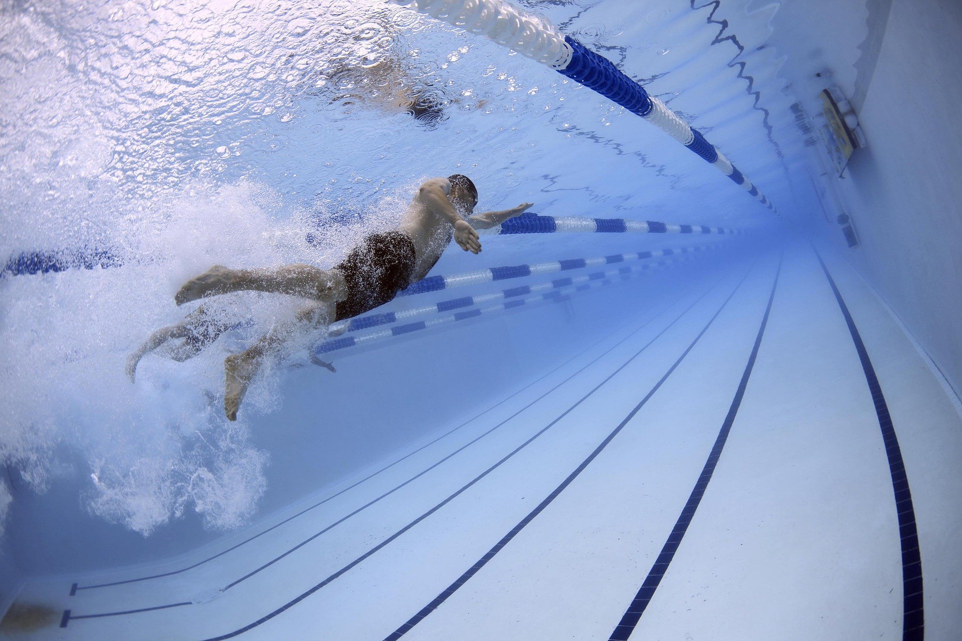 Ein Schwimmer krault in einem Becken. Er ist hierbei vollständig unter Wasser und führt die Kraulbewegung aus.  